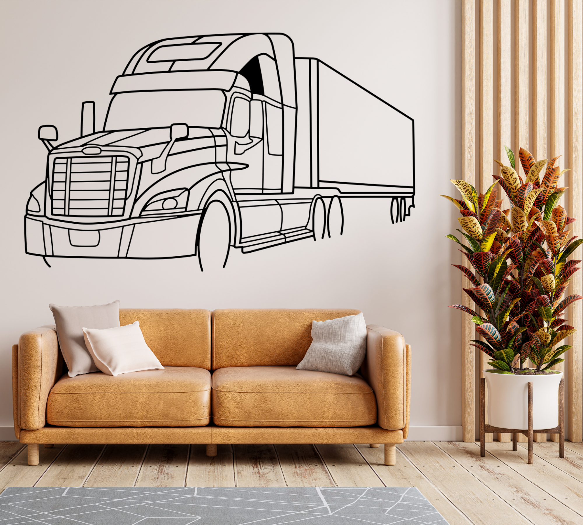 LKW-Silhouette aus Metall als Wandmontage in einem Wohnraum
