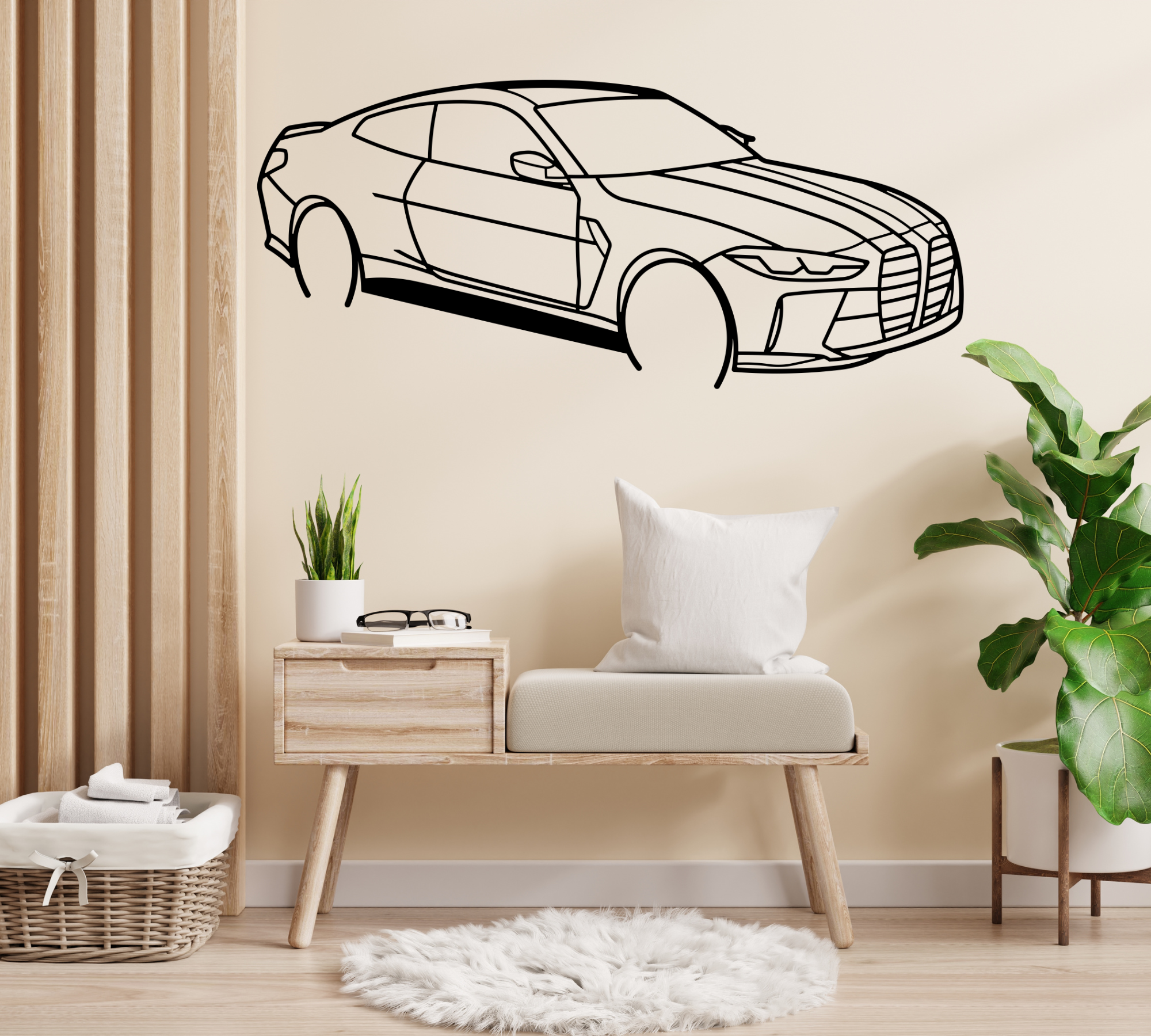 Schwarze Auto-Silhouette aus Metall als Wanddekoration im Wohnzimmer